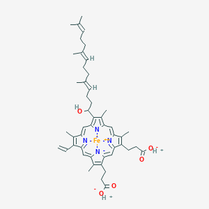 molecular formula C49H58FeN4O5 B139030 3-[18-(2-carboxylatoethyl)-7-ethenyl-12-[(4E,8E)-1-hydroxy-5,9,13-trimethyltetradeca-4,8,12-trienyl]-3,8,13,17-tetramethylporphyrin-21,23-diid-2-yl]propanoate;hydron;iron(2+) CAS No. 137397-56-9
