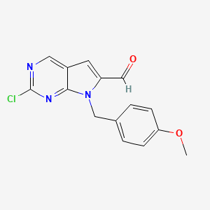 molecular formula C15H12ClN3O2 B13921542 2-Chloro-7-(4-methoxybenzyl)-7H-pyrrolo[2,3-d]pyrimidine-6-carbaldehyde 