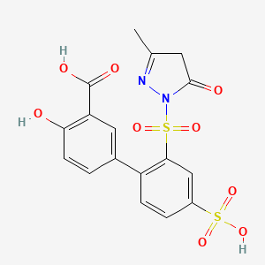 molecular formula C17H14N2O9S2 B1392601 4-Hydroxy-2'-[(3-methyl-5-oxo-4,5-dihydro-1H-pyrazol-1-yl)sulfonyl]-4'-sulfobiphenyl-3-carboxylic acid CAS No. 352022-94-7