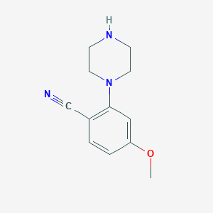 molecular formula C12H15N3O B13927049 4-Methoxy-2-(1-piperazinyl)benzonitrile 