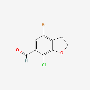 molecular formula C9H6BrClO2 B13927139 4-Bromo-7-chloro-2,3-dihydro-6-benzofurancarboxaldehyde 