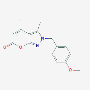 molecular formula C16H16N2O3 B139302 2-(4'-Methoxyphenylmethyl)-3,4-dimethylpyrano(2,3-c)pyrazol-6(2H)-one CAS No. 144092-63-7