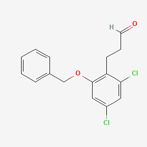 molecular formula C16H14Cl2O2 B13932341 2,4-Dichloro-6-(phenylmethoxy)-benzenepropanal 