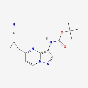 molecular formula C15H17N5O2 B13934160 tert-Butyl (5-(2-cyanocyclopropyl)pyrazolo[1,5-a]pyrimidin-3-yl)carbamate 