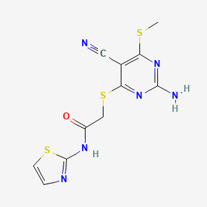 molecular formula C11H10N6OS3 B13934384 Acetamide, 2-(2-amino-5-cyano-6-methylthio-4-pyrimidinethio)-N-(2-thiazolyl)- 