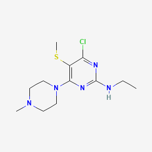 molecular formula C12H20ClN5S B13945778 Pyrimidine, 4-chloro-2-ethylamino-6-(4-methylpiperazino)-5-methylthio- CAS No. 55477-17-3