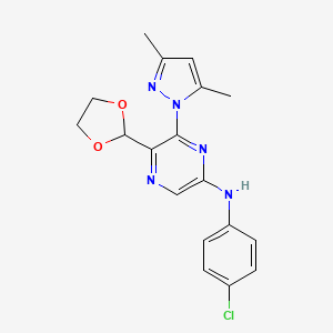 molecular formula C18H18ClN5O2 B13947575 (4-Chloro-phenyl)-[6-(3,5-dimethyl-pyrazol-1-yl)-5-[1,3]dioxolan-2-yl-pyrazin-2-yl]-amine 