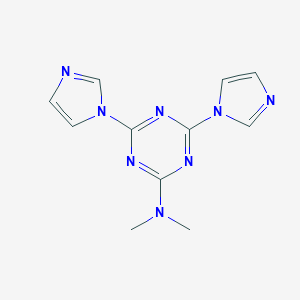 molecular formula C11H12N8 B139625 2-N,N-Dimethylamino-4,6-bis(1-H-imidazol-1-yl)-1,3,5-triazine CAS No. 153429-75-5