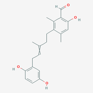 molecular formula C21H24O4 B13963360 3-[5-(2,5-Dihydroxyphenyl)-3-methylpent-3-enyl]-6-hydroxy-2,4-dimethylbenzaldehyde CAS No. 51847-82-6
