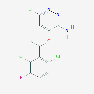 molecular formula C12H9Cl3FN3O B13963619 6-Chloro-4-[1-(2,6-dichloro-3-fluorophenyl)ethoxy]-3-pyridazinamine 