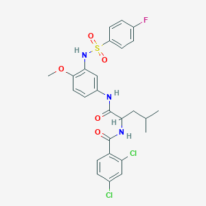 molecular formula C26H26Cl2FN3O5S B13967837 Benzamide, 2,4-dichloro-N-[1-[[[3-[[(4-fluorophenyl)sulfonyl]amino]-4-methoxyphenyl]amino]carbonyl]-3-methylbutyl]- CAS No. 566890-79-7