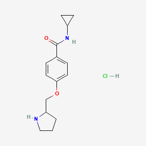 molecular formula C15H21ClN2O2 B1396980 N-Cyclopropyl-4-(pyrrolidin-2-ylmethoxy)benzamidehydrochloride CAS No. 1332529-64-2