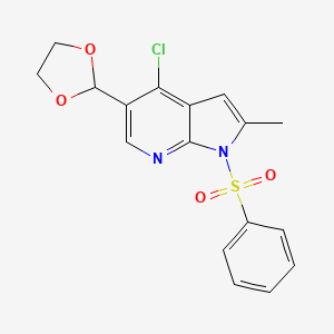 molecular formula C17H15ClN2O4S B13970196 1H-Pyrrolo[2,3-b]pyridine, 4-chloro-5-(1,3-dioxolan-2-yl)-2-methyl-1-(phenylsulfonyl)- 