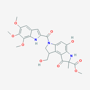 molecular formula C26H27N3O9 B139767 Methyl 4-hydroxy-8-(hydroxymethyl)-2-methyl-1-oxo-6-(5,6,7-trimethoxy-1H-indole-2-carbonyl)-1,2,3,6,7,8-hexahydropyrrolo[3,2-e]indole-2-carboxylate CAS No. 125600-37-5