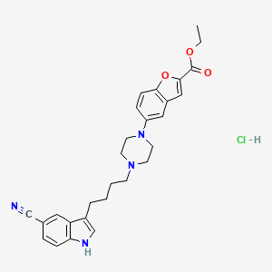 molecular formula C28H31ClN4O3 B13978671 Ethyl 5-(4-(4-(5-cyano-1H-indol-3-yl)butyl)piperazin-1-yl)benzofuran-2-carboxylate hydrochloride 