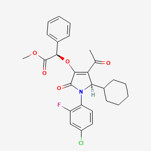 molecular formula C27H27ClFNO5 B13984586 Benzeneacetic acid, alpha-[[(5r)-4-acetyl-1-(4-chloro-2-fluorophenyl)-5-cyclohexyl-2,5-dihydro-2-oxo-1h-pyrrol-3-yl]oxy]-, methyl ester, (alphar)- 