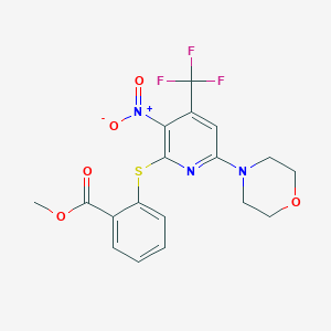 molecular formula C18H16F3N3O5S B1398622 2-(6-Morpholin-4-YL-3-nitro-4-trifluoromethyl-pyridin-2-ylsulfanyl)-benzoic acid methyl ester CAS No. 1089330-43-7