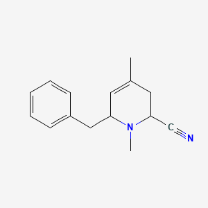 molecular formula C15H18N2 B13994049 6-benzyl-1,4-dimethyl-3,6-dihydro-2H-pyridine-2-carbonitrile CAS No. 92869-82-4