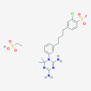 molecular formula C23H31ClFN5O5S2 B13995944 2-Chloro-4-[4-[3-(4,6-diamino-2,2-dimethyl-1,3,5-triazin-1-yl)phenyl]butyl]benzenesulfonyl fluoride; ethanesulfonic acid CAS No. 31607-11-1