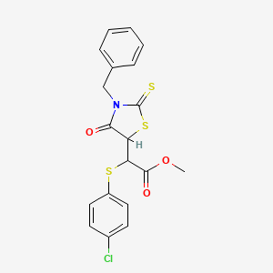 molecular formula C19H16ClNO3S3 B14004703 Methyl 2-(3-benzyl-4-oxo-2-sulfanylidene-1,3-thiazolidin-5-yl)-2-(4-chlorophenyl)sulfanylacetate CAS No. 54326-52-2