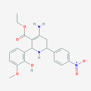molecular formula C21H23N3O6 B14008729 Ethyl 4-amino-2-(2-hydroxy-3-methoxy-phenyl)-6-(4-nitrophenyl)-1,2,5,6-tetrahydropyridine-3-carboxylate CAS No. 59623-98-2