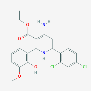 molecular formula C21H22Cl2N2O4 B14013744 Ethyl 4-amino-2-(2,4-dichlorophenyl)-6-(2-hydroxy-3-methoxyphenyl)-1,2,3,6-tetrahydropyridine-5-carboxylate CAS No. 59624-01-0