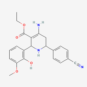 molecular formula C22H23N3O4 B14016181 Ethyl 4-amino-6-(4-cyanophenyl)-2-(2-hydroxy-3-methoxy-phenyl)-1,2,5,6-tetrahydropyridine-3-carboxylate CAS No. 59624-00-9