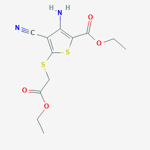 molecular formula C12H14N2O4S2 B14016695 Ethyl 3-amino-4-cyano-5-(2-ethoxy-2-oxoethyl)sulfanylthiophene-2-carboxylate CAS No. 91568-02-4