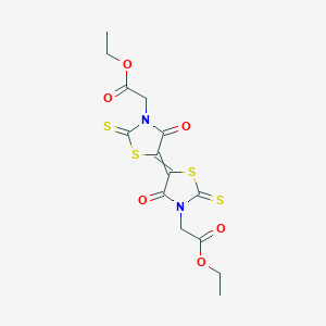 molecular formula C14H14N2O6S4 B14018712 Ethyl 2-[(5E)-5-[3-(ethoxycarbonylmethyl)-4-oxo-2-sulfanylidene-thiazolidin-5-ylidene]-4-oxo-2-sulfanylidene-thiazolidin-3-YL]acetate CAS No. 93719-13-2