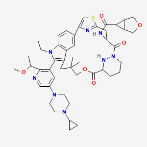 molecular formula C47H60N8O6S B14018813 N-[20-[5-(4-cyclopropylpiperazin-1-yl)-2-(1-methoxyethyl)pyridin-3-yl]-21-ethyl-17,17-dimethyl-8,14-dioxo-15-oxa-4-thia-9,21,27,28-tetrazapentacyclo[17.5.2.12,5.19,13.022,26]octacosa-1(25),2,5(28),19,22(26),23-hexaen-7-yl]-3-oxabicyclo[3.1.0]hexane-6-carboxamide 