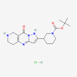 molecular formula C19H28ClN5O3 B1402465 3-(9-Hydroxy-5,6,7,8-tetrahydro-1,4,7,9a-tetraaza-cyclopenta[b]naphthalen-2-yl)-piperidine-1-carboxylic acid tert-butyl ester hydrochloride CAS No. 1361114-56-8
