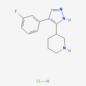 molecular formula C14H17ClFN3 B1402618 3-(4-(3-Fluorophenyl)-1H-pyrazol-3-yl)piperidine hydrochloride CAS No. 1361115-93-6
