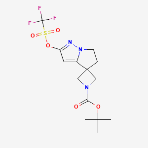 molecular formula C14H18F3N3O5S B14027452 tert-Butyl 2'-(((trifluoromethyl)sulfonyl)oxy)-5',6'-dihydrospiro[azetidine-3,4'-pyrrolo[1,2-b]pyrazole]-1-carboxylate 