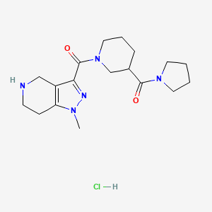 molecular formula C18H28ClN5O2 B1402787 1-methyl-3-{[3-(pyrrolidin-1-ylcarbonyl)piperidin-1-yl]carbonyl}-4,5,6,7-tetrahydro-1H-pyrazolo[4,3-c]pyridine hydrochloride CAS No. 1357252-34-6