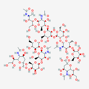 molecular formula C84H138N6O62 B14031045 (4S,5R)-5-acetamido-2-[[(2R,3R,4S,5R,6S)-6-[(2R,3S,4R,5R,6S)-5-acetamido-6-[(2S,3S,4S,5S,6R)-2-[[(2R,3R,4S,5S,6S)-4-[(2R,3S,4S,5S,6R)-3-[(2S,3R,4R,5S,6R)-3-acetamido-5-[(2S,3R,4S,5R,6R)-6-[[(4S,5R)-5-acetamido-2-carboxy-4-hydroxy-6-[(1R,2R)-1,2,3-trihydroxypropyl]oxan-2-yl]oxymethyl]-3,4,5-trihydroxyoxan-2-yl]oxy-4-hydroxy-6-(hydroxymethyl)oxan-2-yl]oxy-4,5-dihydroxy-6-(hydroxymethyl)oxan-2-yl]oxy-6-[(2R,3S,4R,5R,6S)-5-acetamido-6-[(2R,3S,4R,5R)-5-acetamido-1,2,4-trihydroxy-6-oxohexan-3-yl]oxy-4-hydroxy-2-(hydroxymethyl)oxan-3-yl]oxy-3,5-dihydroxyoxan-2-yl]methoxy]-4,5-dihydroxy-6-(hydroxymethyl)oxan-3-yl]oxy-4-hydroxy-2-(hydroxymethyl)oxan-3-yl]oxy-3,4,5-trihydroxyoxan-2-yl]methoxy]-4-hydroxy-6-[(1R,2R)-1,2,3-trihydroxypropyl]oxane-2-carboxylic acid 