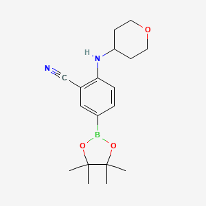 molecular formula C18H25BN2O3 B14031472 2-[(Oxan-4-yl)amino]-5-(tetramethyl-1,3,2-dioxaborolan-2-yl)benzonitrile 