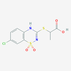 molecular formula C10H9ClN2O4S2 B140330 2-[(7-Chloro-2H-1,2,4-benzothiadiazine 1,1-dioxide)-3-ylthio]propanoic acid CAS No. 134917-52-5