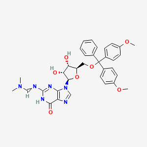 molecular formula C34H36N6O7 B14034632 N'-(9-((2R,3R,4S,5R)-5-((Bis(4-methoxyphenyl)(phenyl)methoxy)methyl)-3,4-dihydroxytetrahydrofuran-2-YL)-6-oxo-6,9-dihydro-1H-purin-2-YL)-N,N-dimethylformimidamide 