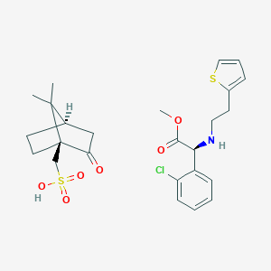 molecular formula C25H32ClNO6S2 B140426 [(1S,4R)-7,7-Dimethyl-2-oxo-1-bicyclo[2.2.1]heptanyl]methanesulfonic acid;methyl (2S)-2-(2-chlorophenyl)-2-(2-thiophen-2-ylethylamino)acetate CAS No. 141109-21-9