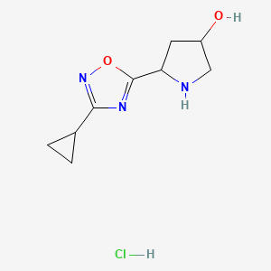 molecular formula C9H14ClN3O2 B1405291 5-(3-Cyclopropyl-1,2,4-oxadiazol-5-yl)pyrrolidin-3-ol hydrochloride CAS No. 1706806-22-5