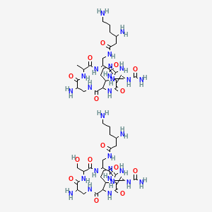 molecular formula C50H88N28O15 B14056238 H-DL-Dap(1)-DL-Ala-DL-Dap(2)-Dha(ureido)(ureido)-DL-Arg-(1).H-DL-Dap(3)-DL-Ser-DL-Dap(4)-Dha(ureido)(ureido)-DL-Arg-(3).H-bLys-(2).H-bLys-(4) 