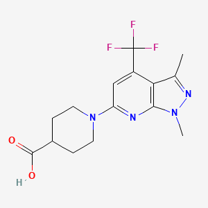 molecular formula C15H17F3N4O2 B1405663 1-[1,3-Dimethyl-4-(trifluoromethyl)-1H-pyrazolo[3,4-b]pyridin-6-yl]piperidine-4-carboxylic acid CAS No. 1308649-27-5