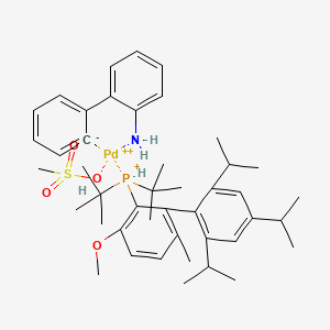 molecular formula C44H64NO4PPdS+2 B14068752 Methanesulfonato(2-(di-t-butylphosphino)-3-methoxy-6-methyl-2',4',6'-tri-i-propyl-1,1'-biphenyl)(2'-amino-1,1'-biphenyl-2-yl)palladium(II) 