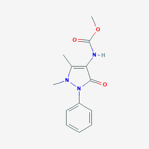 molecular formula C13H15N3O3 B140737 3-Pyrazoline-4-carbamic acid, 2,3-dimethyl-5-oxo-, methyl ester CAS No. 10077-96-0