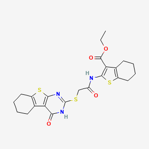 molecular formula C23H25N3O4S3 B14088772 Ethyl 2-({[(4-oxo-3,4,5,6,7,8-hexahydro[1]benzothieno[2,3-d]pyrimidin-2-yl)sulfanyl]acetyl}amino)-4,5,6,7-tetrahydro-1-benzothiophene-3-carboxylate 