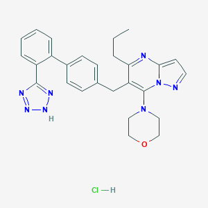 molecular formula C27H29ClN8O B140888 Pyrazolo(1,5-a)pyrimidine, 7-(4-morpholinyl)-5-propyl-6-((2'-(1H-tetrazol-5-yl)(1,1'-biphenyl)-4-yl)methyl)-, monohydrochloride CAS No. 151327-08-1