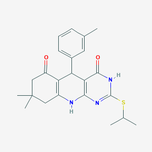 molecular formula C23H27N3O2S B14091194 8,8-dimethyl-5-(3-methylphenyl)-2-(propan-2-ylsulfanyl)-5,8,9,10-tetrahydropyrimido[4,5-b]quinoline-4,6(3H,7H)-dione CAS No. 7062-46-6