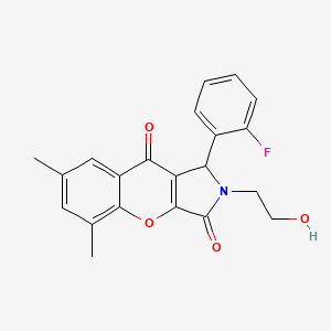 molecular formula C21H18FNO4 B14091568 1-(2-Fluorophenyl)-2-(2-hydroxyethyl)-5,7-dimethyl-1,2-dihydrochromeno[2,3-c]pyrrole-3,9-dione 