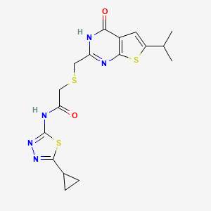 molecular formula C17H19N5O2S3 B14092647 N-[(2E)-5-cyclopropyl-1,3,4-thiadiazol-2(3H)-ylidene]-2-({[4-hydroxy-6-(propan-2-yl)thieno[2,3-d]pyrimidin-2-yl]methyl}sulfanyl)acetamide 