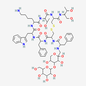 molecular formula C61H86N10O20S2 B14093000 10-(4-aminobutyl)-16-benzyl-N-(1,3-dihydroxybutan-2-yl)-7-(1-hydroxyethyl)-13-(1H-indol-3-ylmethyl)-6,9,12,15,18-pentaoxo-19-[[3-phenyl-2-[[2,3,5-trihydroxy-4-[3,4,5-trihydroxy-6-(hydroxymethyl)oxan-2-yl]oxyoxan-2-yl]methylamino]propanoyl]amino]-1,2-dithia-5,8,11,14,17-pentazacycloicosane-4-carboxamide 
